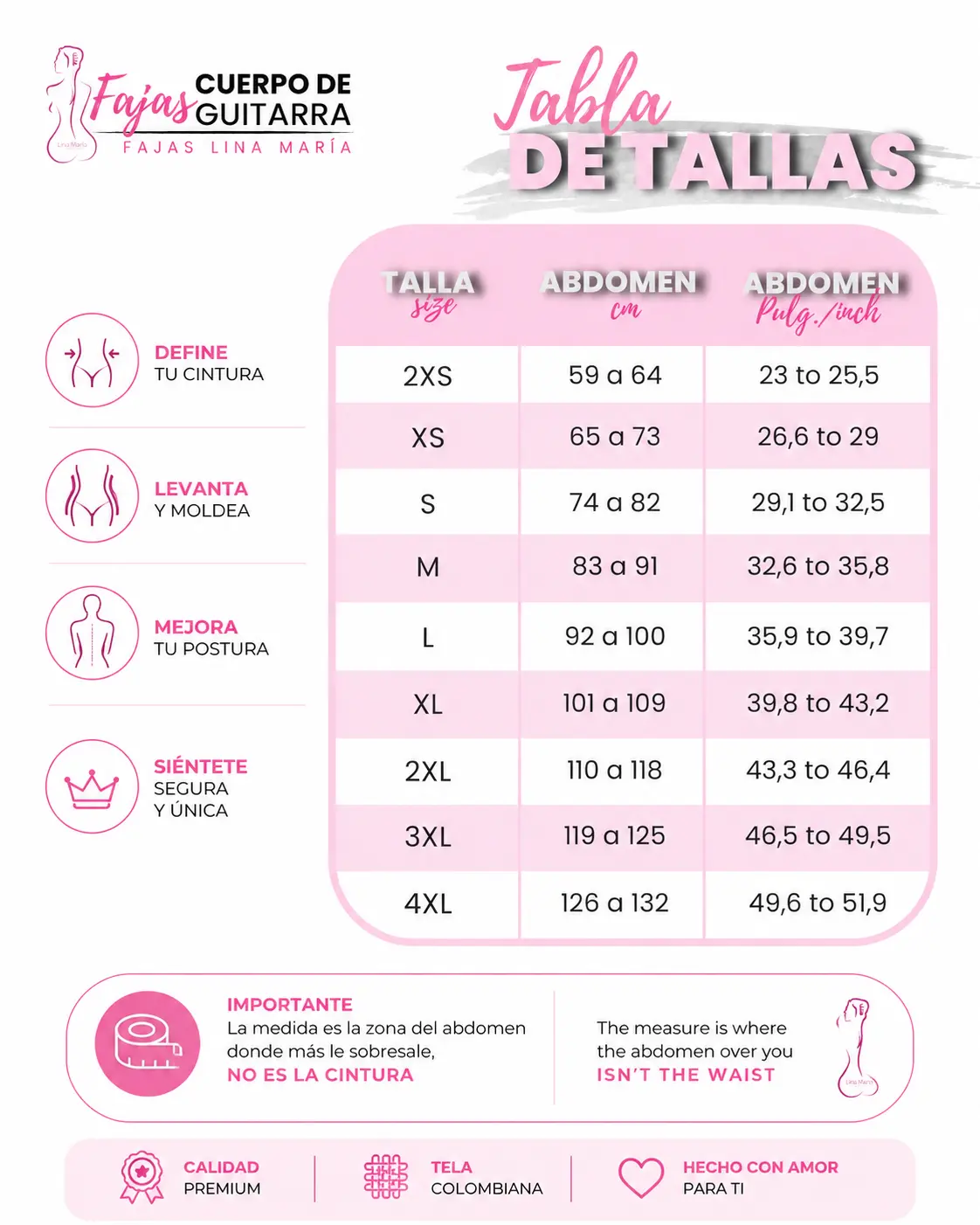 Tabla de tallas fajas cuerpo de guitarra